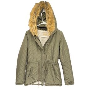 Copper Key Green‎ Quilted Coat Fur Trim Hood Sherpa Lined Dillards Women S
